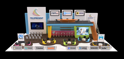 A modern trade show booth setup features bright colors and sleek furniture. Logos of various companies like "Meta," "Zoom," and "Miro" are displayed. The booth has a seating area, a large screen, and a staircase leading to an upper level with more seating