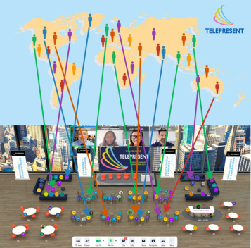 A virtual conference setup featuring attendees from around the globe connecting via lines to a central meeting interface. The background shows a world map with colored lines linking to icons of people. The foreground displays a digital conference room wit