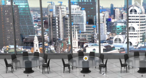 Image of a modern virtual event space with round tables and black chairs placed on a tiled floor. Large floor-to-ceiling windows provide a panoramic view of a cityscape with numerous high-rise buildings, including various glass and steel structures. Table