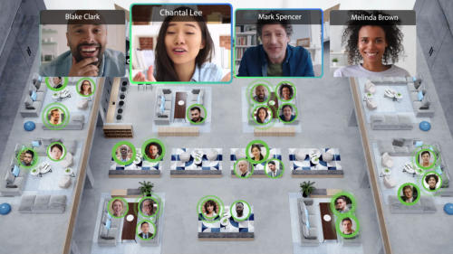 A virtual office layout shows various video call participants working in an open plan setting. Individual participants' video thumbnails.