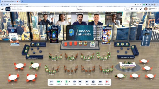 A virtual conference setup for London Futurists, featuring a central stage with seating arrangements, circular tables, and a mix of video-call screens. The virtual room is designed to look like it's set against a cityscape backdrop with skyscrapers.