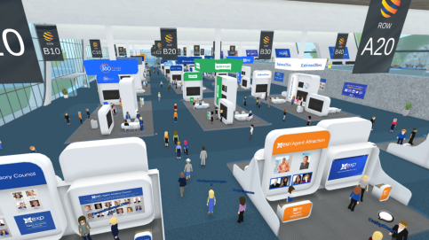 A virtual trade show with various booths and participants. Some signs display booth numbers and company names, while attendees are scattered throughout the hall engaging with exhibitors.