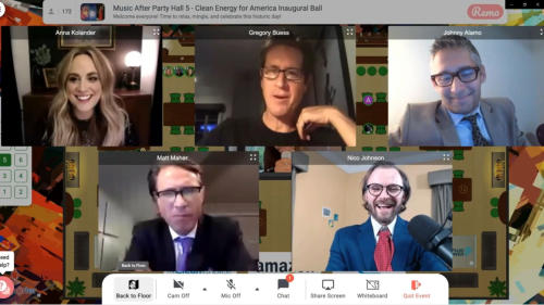 A screenshot of a virtual meeting with six participants on screen, each in separate boxes. Various buttons for meeting functions like chat, share screen, and settings appear at the bottom.