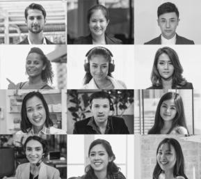 A grid of black and white headshots featuring twelve diverse individuals, each smiling and presenting different facial expressions, captured in both professional and casual settings.